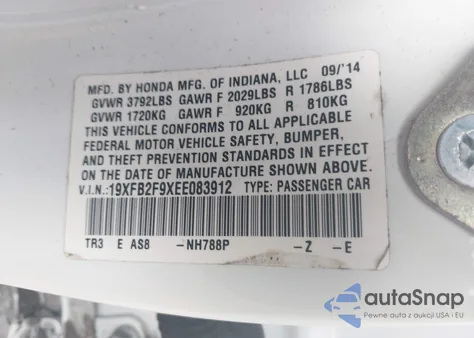 2014 Honda Civic Ex-L z USA, uszkodzony, nr VIN 19XFB2F9XEE083912